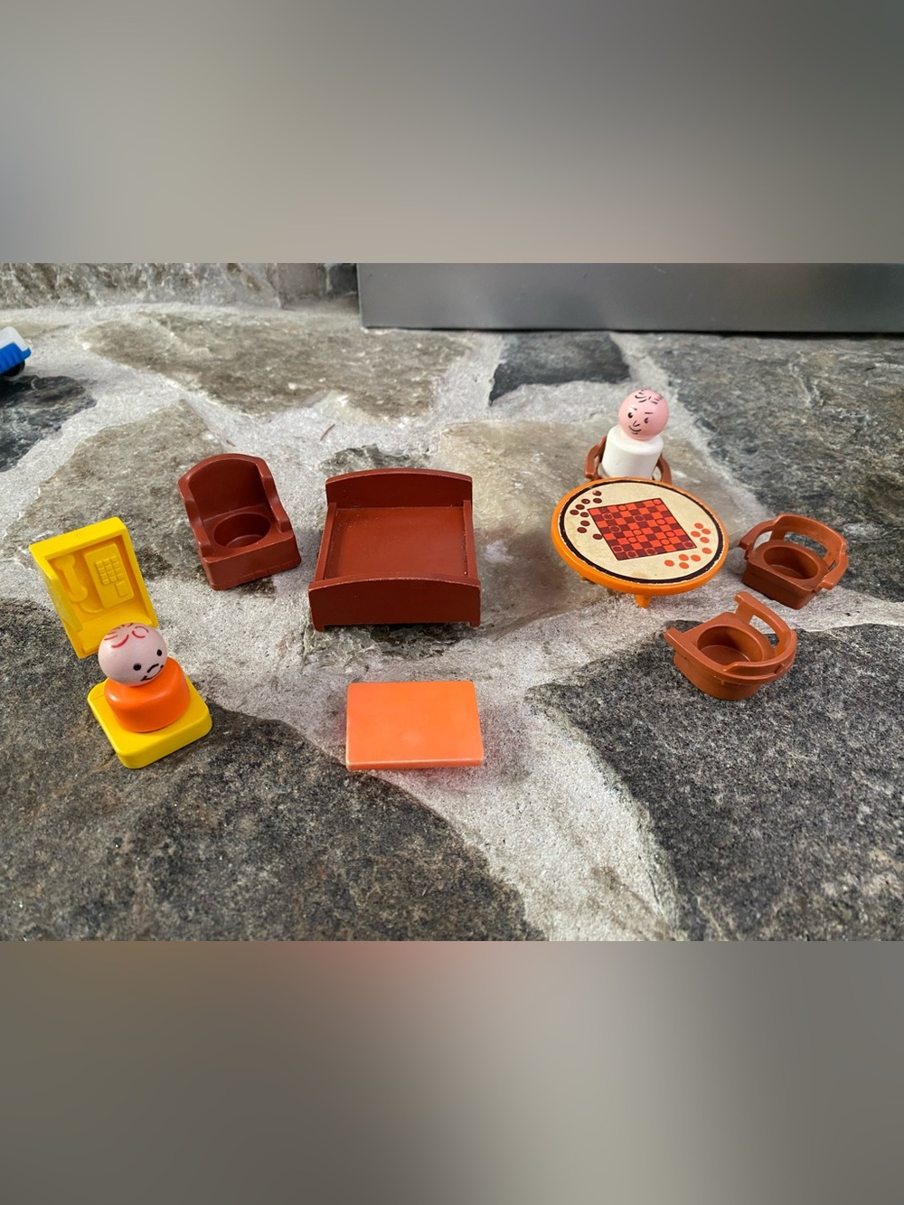 Vintage Fisher Price Little People set chairs, tables, bed, telephone, people